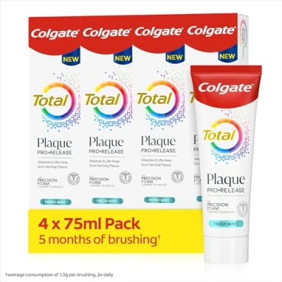 Image of Colgate Plaque Pro Release Fresh Mint Toothpaste 75ml x4, Dental Remover Toothpaste, neutralises The Harmful Effect of Bacterial Plaque, dissolves and Lifts Away Gum harming