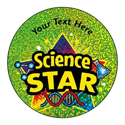 Image of 140 Personalised Holographic Sparkly Science Star Motivational School Praise Teachers Reward Stickers 37mm Primary Teaching Services