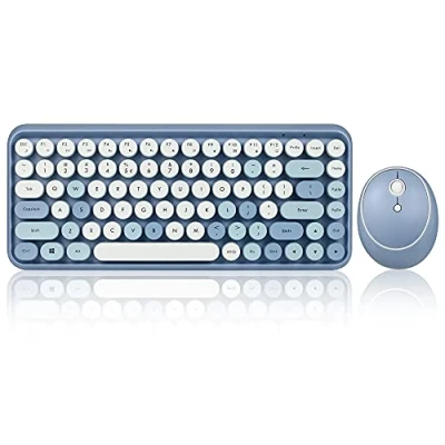 Image of Perixx PERIDUO 713BL Wireless Mini Keyboard and Mouse Combo Retro Round Key Caps Pastel Blue US English Layout