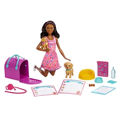 Image of Barbie Doll and Accessories Pup Adoption Playset with Brunette in Pink, 2 Puppies, Color Change Animal Pee Pad, Working Carrier 10 Pieces, HKD87