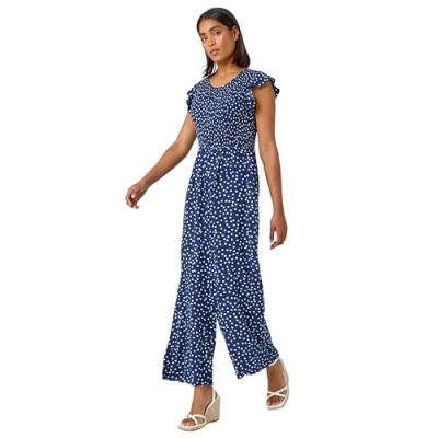 Image of Roman Womens Polka Dot Shirred Pocket Jumpsuit Blue Denim Size 20 UK