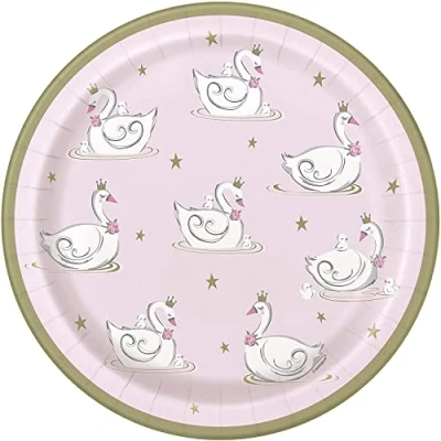 Image of Elegant Swan Birthday Round Dinner Plates (22cm) Pink &amp; Gray Rim Design Perfect for Memorable Celebrations 8ct