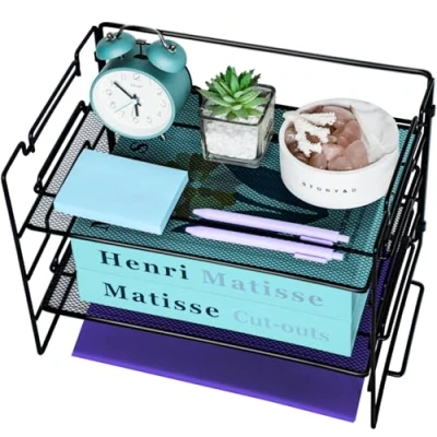 Image of 2 Tier Letter Tray Organiser for Desk Tidy, Metal Mesh Magazine File Organiser, Office Files Storage, Wire Paper School Home