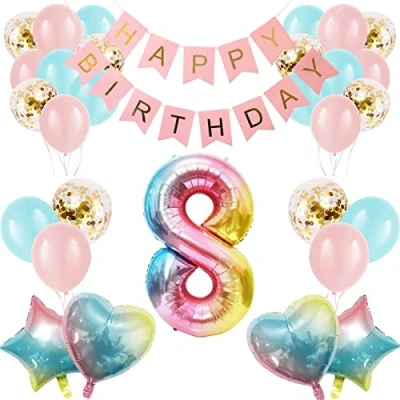 Image of Apradas Baby Girl 8th Birthday Decorations Gradient Color Age 8 Balloons with Happy Banner for Showers Eighth Party Supplies Girls Boys (8th Birthday)