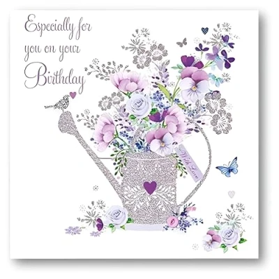 Image of Nigel Quiney Female Birthday Card General for Women/Girls Floral Watering Can with Foil Details Eco Friendly and Recyclable