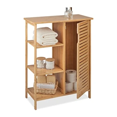 Image of Relaxdays Bamboo Bathroom Cabinet, 3 Open Shelves &amp; Cupboard Compartment, HxWxD: 87.5 x 67 33 cm, Standing Shelf, Wood, 90% 10% fibreboard