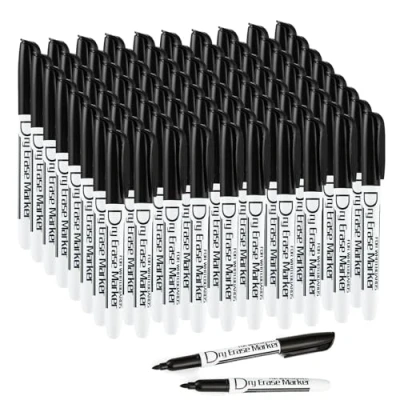 Image of Volcanics Black Dry Erase Markers Low Odor Fine Whiteboard Thin Box of 80