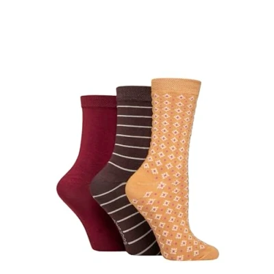 Image of Women&#039;s 3 Pair SOCKSHOP Patterned Plain and Striped Bamboo Socks Burgundy Micro 4 8