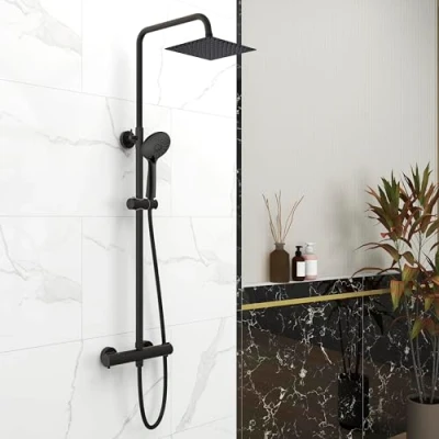 Image of Biubiubath Bathroom Thermostatic Shower Mixer Set Matte Black, 200mm Square Overhead Rainfall Shower, 3 Function Round Handheld Rail, Height Adjustable Set, Suite