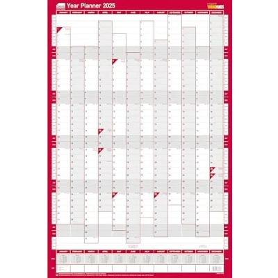 Image of Sasco 2025 Compact Yearly Wall Planner, Paper Mini Whiteboard Poster Style Dry Erase Calendar, Small Planner with Pen &amp; Stickers, Chart, Portrait, Blue, 405x610mm, 2410245