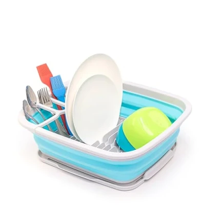 Image of SAMMART 8L Collapsible Plastic Dish Drainer with Board Foldable Drying Rack Set Portable Dinnerware Organizer Space Saving Kitchen Storage Tray (Grey/Cyanine, 1)