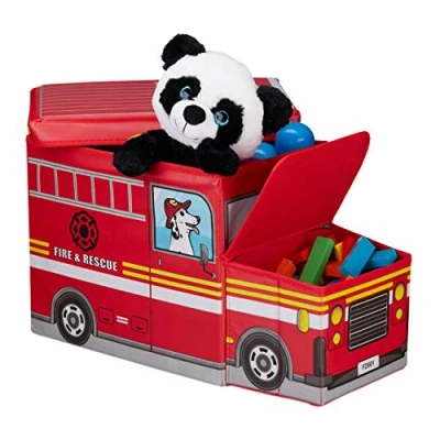 Image of Relaxdays Children’s Storage Ottoman, Lidded Toy Box, Folding, Boys &amp; Girls, Fire Truck Design, 50 Litres, Red