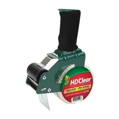 Image of Duck HD Clear Packing Tape Dispenser Foam Pistol Grip + 1 Roll 48mm x 45m, Heavy Duty Packaging Strong for Moving House, Parcels, Cardboard Boxes &amp; Carton