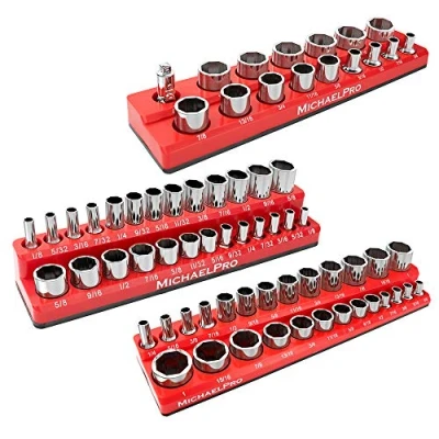Image of MichaelPro MP014003 3 Piece Magnetic Socket Holder, Organiser, Storage, Rail, Organizer, for 1/4, 3/8 &amp; 1/2 Inch SAE Sockets, Red