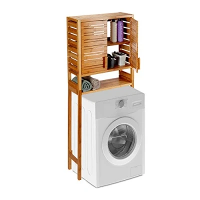 Image of Relaxdays Bamboo Washer Storage Rack, Freestanding Bathroom Shelf, Slatted Doors, 3 Tiers, HWD 164 x 66 26 cm, Natural