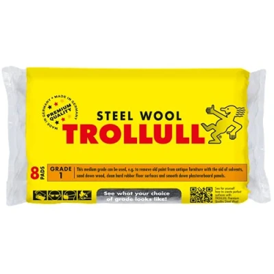 Image of TROLLULL Steel Wool Wire medium 1, can be used to sand wood, remove old paint and varnish from antique furniture, clean hard rubber floors, 8 pads 200g
