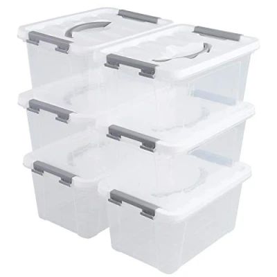 Image of Hespama 5L Storage Boxes, Plastic Latching Box with Gray Handle, Pack of 6