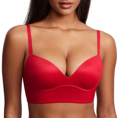 Image of DOBREVA Women&#039;s Push Up Bra Padded Wireless Longline Corset Plunge Comfort T Shirt Bras Lipstick Red 36B