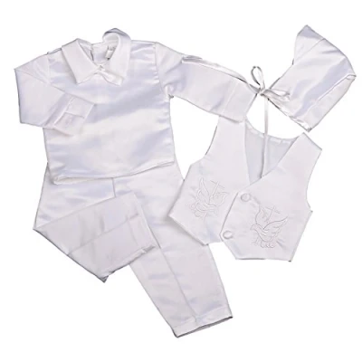 Image of Lito Angels Baby Boys&#039; 4 Pcs Satin Baptism Christening Suit with Bonnet Long Sleeves Infant, 6 9 Months, White (Long Sleeves)