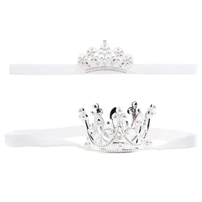 Image of Nishine 2 pieces Baby Girls Crown Headband Princess Tiara Headdress Set Toddler Elastic Head Band (White)