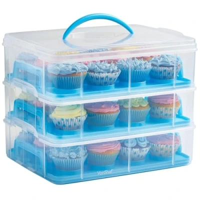 Image of VonShef Cupcake Carrier with Handle, Blue Three Tier Stackable Cup Cake Box, 36 Muffin Airtight Snap Lid, Clear Plastic Baked Goods Container