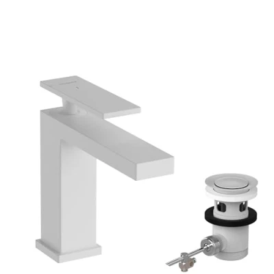 Image of hansgrohe Tecturis E Bathroom Tap With Pop Up Waste Set, Energy Saving (CoolStart), Sink Spout Height 110 mm, Basin Mixer Water (EcoSmart+), Matt White, 73014700