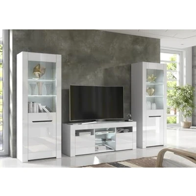 Image of Furneo High Gloss &amp; Matt White Living Room Set TV Stand Display Cabinets MilanoW LED Lights