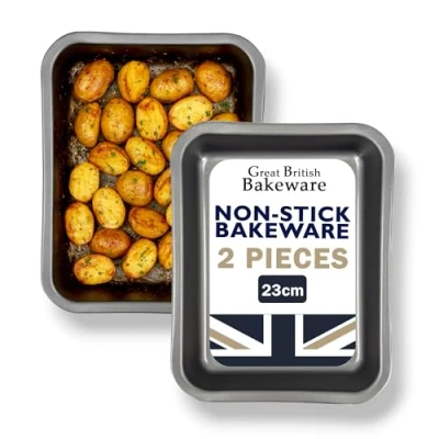 Image of 2X 23cm Superior Double Coated Non Stick Single Portion Oven Tray Roasting Pans Made in England