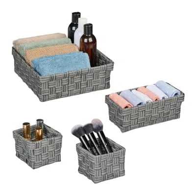 Image of Storage Basket, Set of 4, Baskets in 3 Sizes, Woven, Plastic, Metal Frame, Bathroom Baskets, Box, Grey Relaxdays