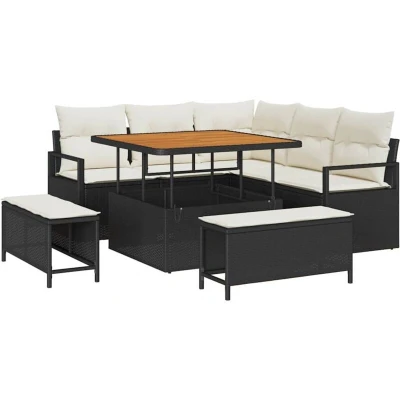 Image of vidaXL 8 Piece Garden Sofa Set with Cushions Black Poly Rattan Acacia