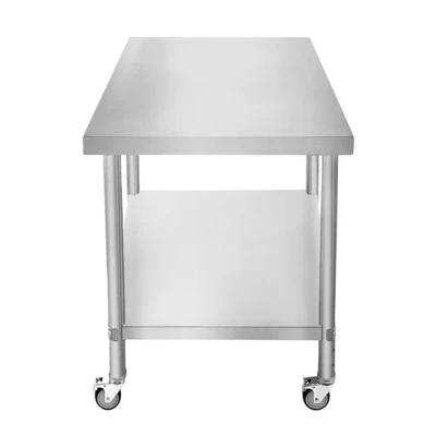 Image of Catering Work Bench Table Stainless Steel Food Prep Kitchen Mobile 4 x Castor Wheels With 2 Brakes &amp; Adaptable Feet Adjustable Lower Shelf 3 Positions 160kg Load Capacity 90cm 76cm 86cm