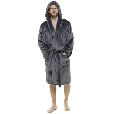 Image of Mens Luxury Super Soft Fleece Dressing Gown Bath Robe Hooded Thick Warm Snuggle (Grey Hooded, Large X Large)