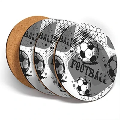 Image of Destination Vinyl ltd Great Coasters (Set of 4) Round BW Football Funky Pattern Kids Boys Drink Glossy Coasters/Tabletop Protection for Any Table Type #43945