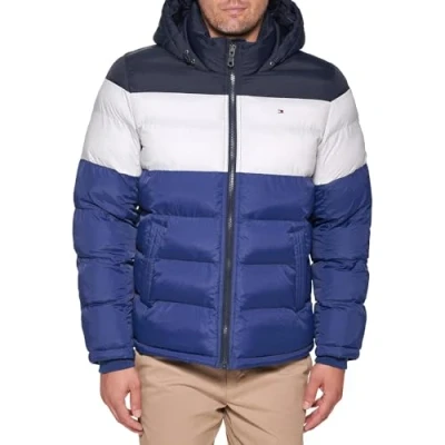 Image of Tommy Hilfiger Men&#039;s Classic Hooded Puffer Jacket Down Alternative Coat, Bluebell Color Block, S UK