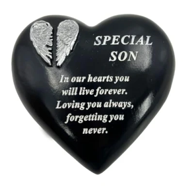 Image of Special Son Angel Wings Memorial Black Heart Grave Plaque Graveside Ornament Decoration