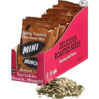Image of Munchy Seeds Mini Lightly Toasted Two Seed Mix, Pumpkin &amp; Sunflower Seeds, Gluten Free Protein Snacks, Nutritious Source Of Vegan Protein, High Fibre 12 x 30g Rip Tip Bags