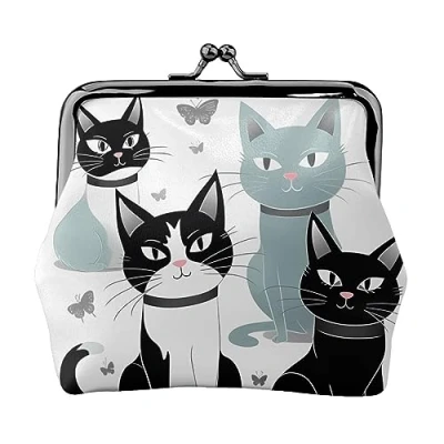 Image of Gothic Rose Printed Coin Purse For Women Wallet Bag Pu Leather Change Pouch Kiss Lock Vintage Pouch, Black And White Cats, One Size,