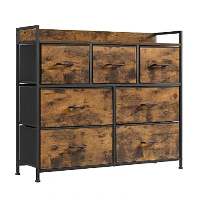 Image of SONGMICS Chest of Drawers, Bedroom Cabinet, 7 Fabric Drawers with Handles, Metal Frame, Rustic Brown and Ink Black LTS137B01