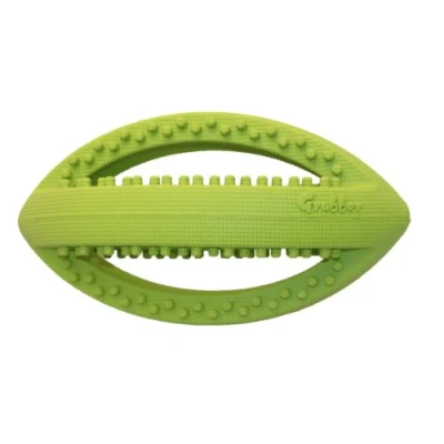 Image of Happy Pet Grubber dog toy in rugby ball shape, jumping back for fetching and retrieving.