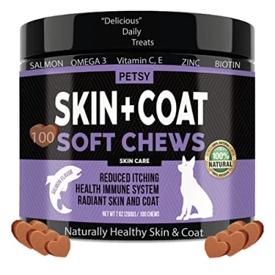 Image of Petsy skin &amp; coat supplement for dogs Vitamin C, E, Zinc, Biotin, OMEGA 3 Shiny Rejuvinate Healthy Natural Support itchy relief Daily