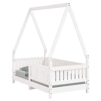 Image of vidaXL Kids Bed Frame Solid Pinewood for Children’s Room, Scandinavian Style, White Color, Featuring Sturdy Slats, Low Height &amp; Functional Headboard and Foot Board Easy Access