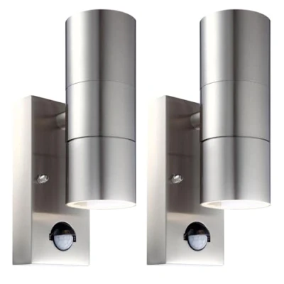 Image of firstchoicelighting Set of 2 Stainless Steel Outdoor Security Lights Up Down Twin Wall PIR Motion Sensor IP44 Light LED Compatible