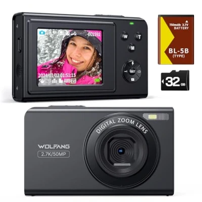 Image of WOLFANG Digital Camera, 2.7K Kids Camera for Photography, 50MP Compact Vlogging 16X Zoom Video Auto Focus Point and Shoot Cameras, Gift Students Teens