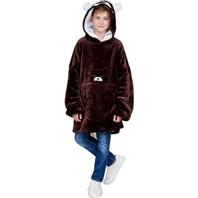 Image of True Face Blanket Hoodie Sherpa Fleece Kids Hoody Unisex Boys Girls Warm Cozy Teens Winter Hooded Sweatshirt 11 to 16 years Brown Bear
