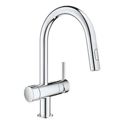 Image of GROHE Minta 1 Lever Kitchen Sink Pull Out Dual Spray Mixer Tap with Integrated Stop Valve (High C Spout, 90 Swivel Area, 46 mm Ceramic Cartridge, Tails 3/8 Inch), Size 379 mm, Chrome, 31916000