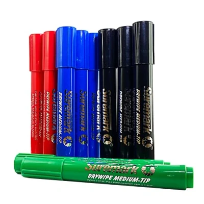 Image of SureMark Whiteboard Marker Pens 3 x Black, Blue, 2 Red, Green Dry Erase for Office, School, Home, Box of 10 Bullet Tip Wipe Pens, Multicolor…