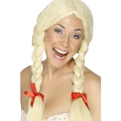 Image of Smiffys Schoolgirl / Dutch Wig, Blonde Blonde, Plaits with Ribbons, School Days Fancy Dress, Adult Dress Up Wigs