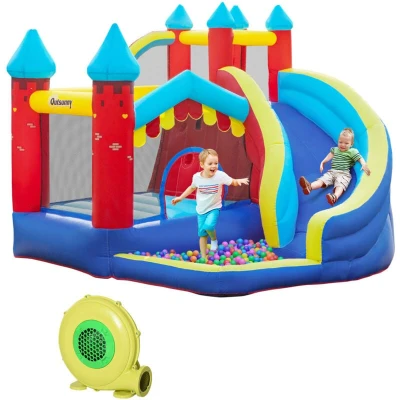 Image of Outsunny Kids Bouncy Castle w/ Slide, Pool, Trampoline, Climbing Wall, Blower