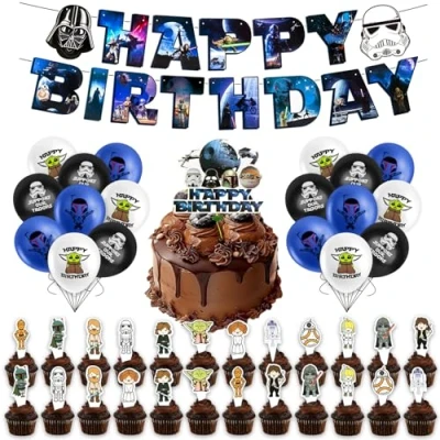 Image of 44Pcs War Birthday Party Decorations, Wars Theme Decoration Supplies Set Including Cake Topper, Cupcake Latex Balloons, Happy Banner for Kids Boys Girls