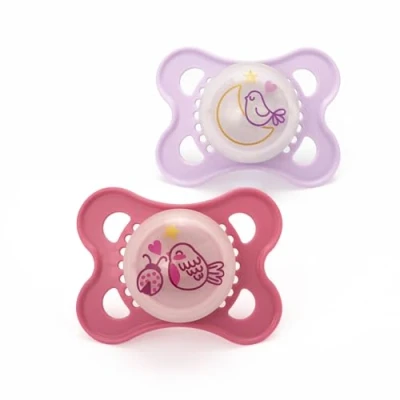 Image of MAM Original Night Soother 2 6 Months (Pack of 2), Sustainable Baby Soother, SkinSoft Silicone Teat, Glow in the Dark Pink (Designs May Vary)